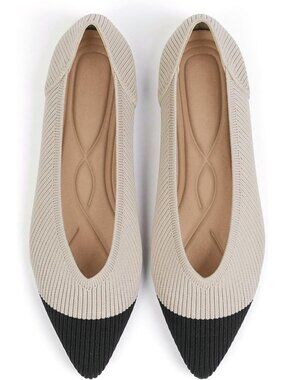 Women's Black and Beige Pointed Toe Knit Ballet Comfortable Slip On Flats Shoes